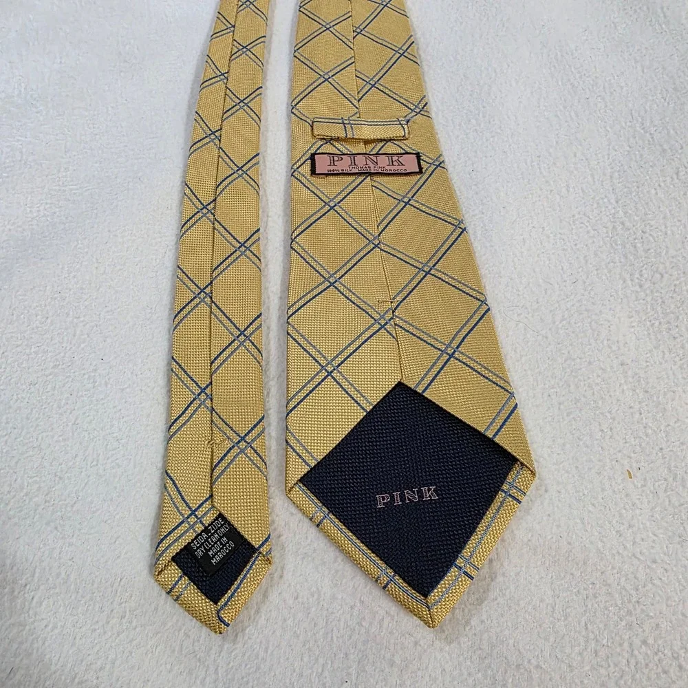 Thomas Pink Mens Yellow Blue Windowpane Check 100% Silk Tie Made in Morocco